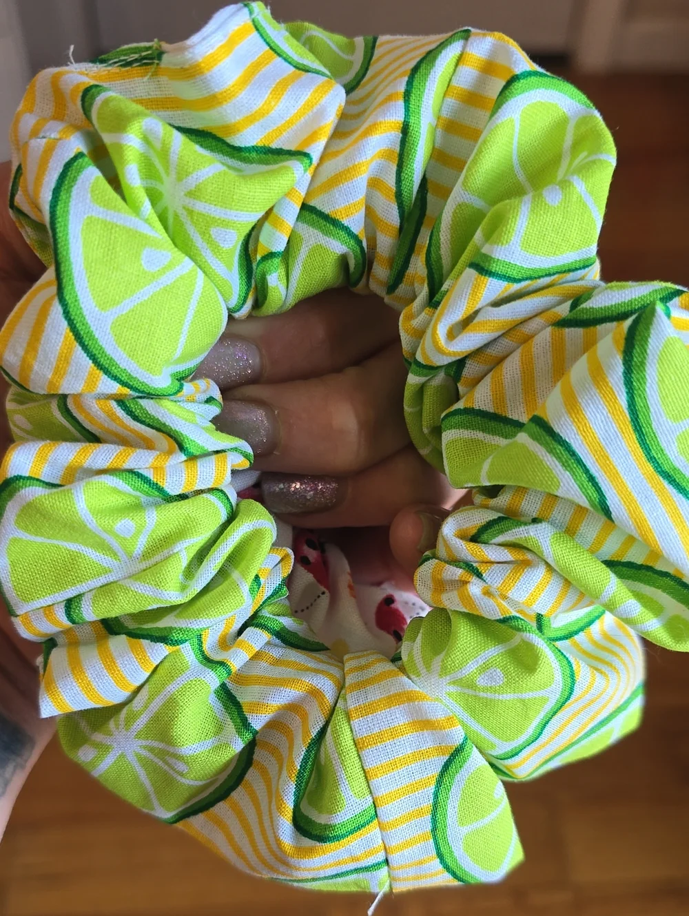 Handmade Fruit-Print Scrunchie Set - Pink & Green